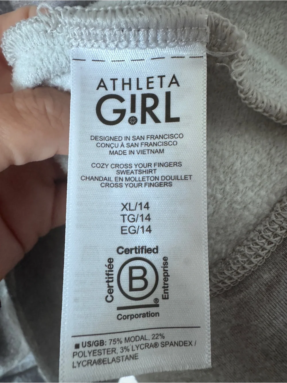 Athleta Girl Cozy Cross Your Fingers sweatshirt-Gray Camo Print-XL-14